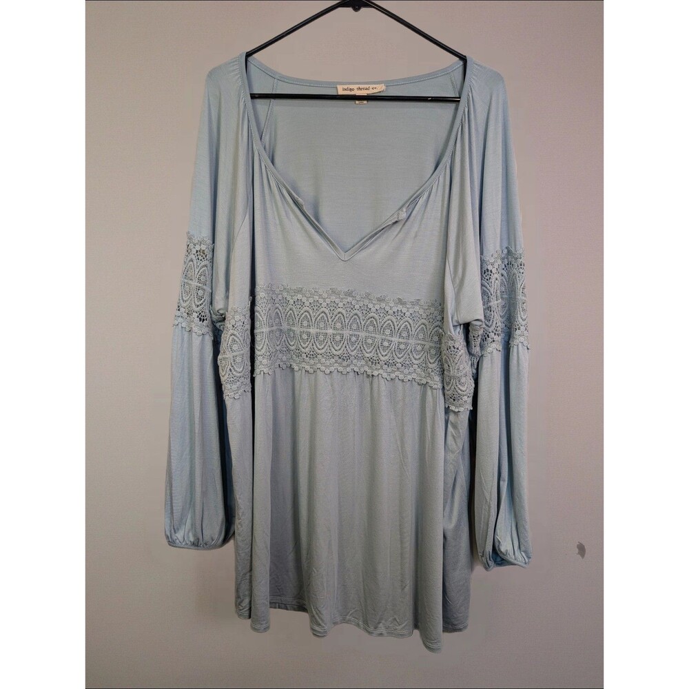 Women's Indigo Thread Co. Long Sleeve Crochet Detail Shirt Light Blue 3X